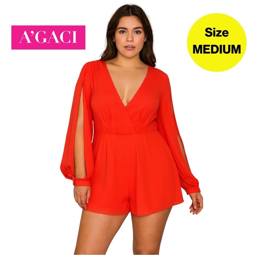 2/for $20 🪩 A’GACI Bold Orange Long Sleeve Shorts Romper 🔸 (Size Medium)